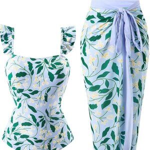 Swimsuits for Women One Piece Suit and a Coverup Wrap Around Large Blue & Green